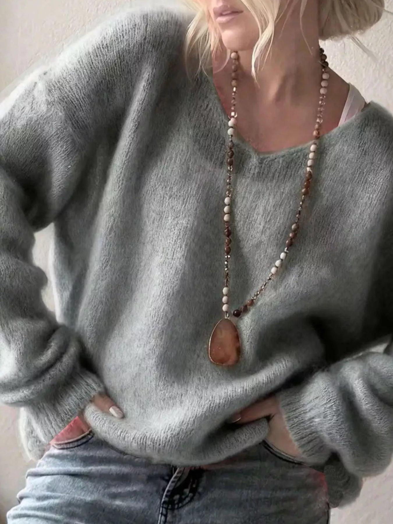 V-Neck Dropped Shoulder Sweater Gray OutfitFlow