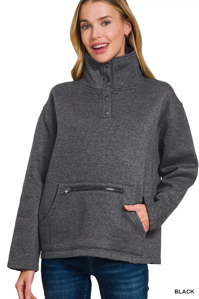 Zenana Fleece Washed High Neck Kangaroo Pocket Sweatshirt Trendsi