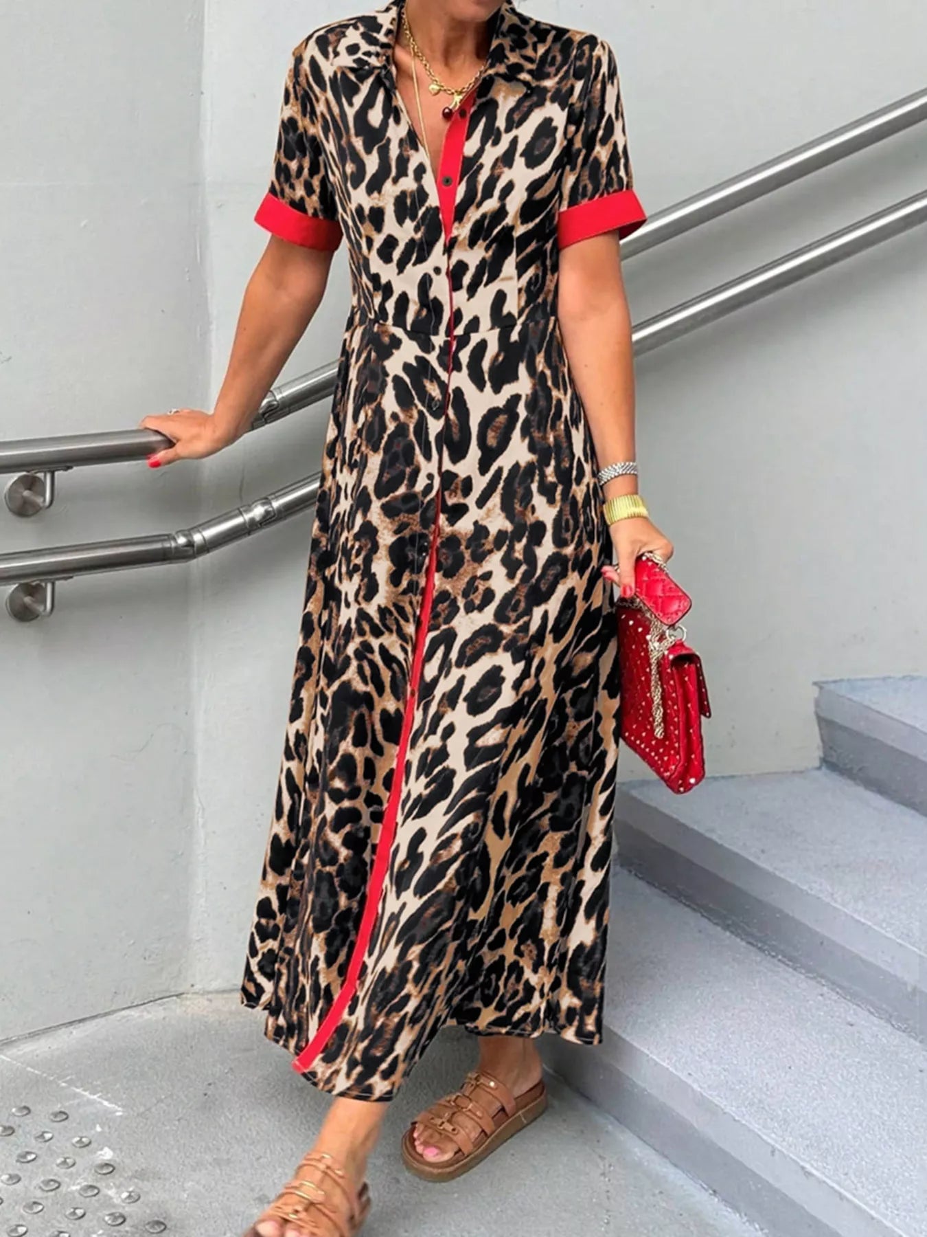 Leopard Print Button-Down Dress with Contrast Trim OutfitFlow