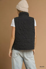 Umgee Quilted Floral Zip Up Vest with Pockets OutfitFlow