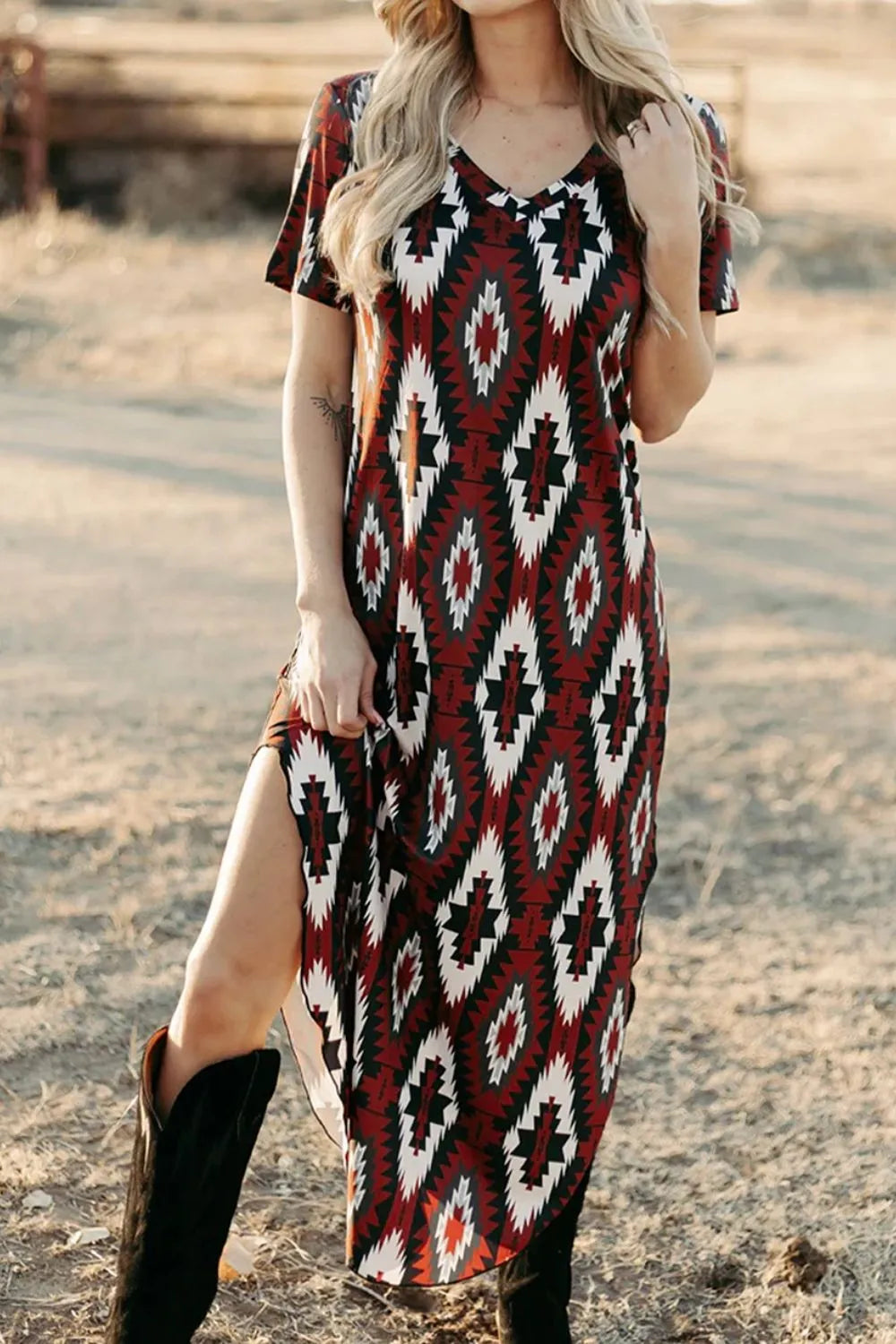 Aztec Print V-Neck Midi Dress OutfitFlow