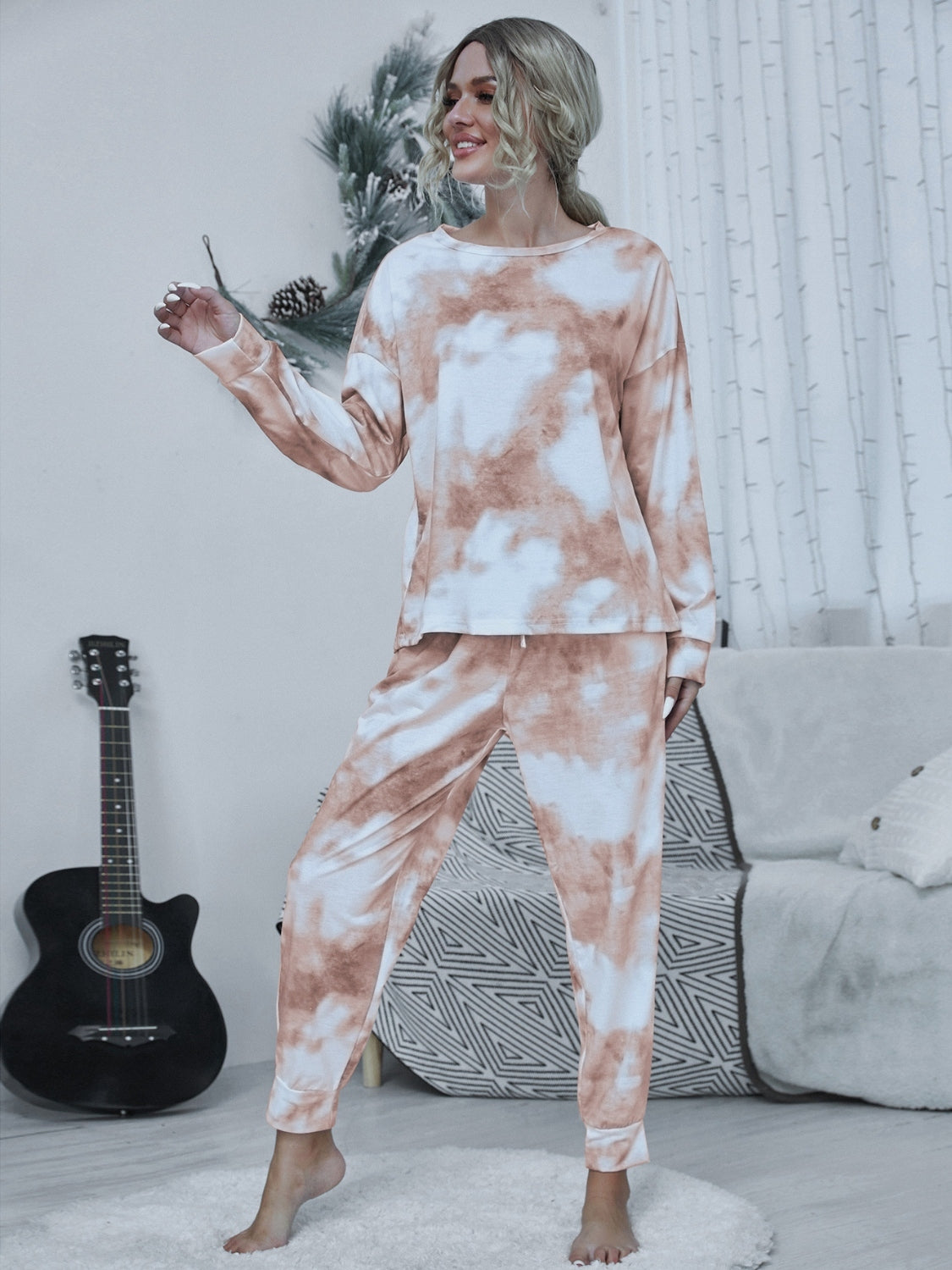 Outfit Flow - Shiny Tie-dye Round Neck Top and Drawstring Pants Lounge Set