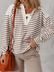 Striped V-Neck Long Sleeve Knit Hoodie OutfitFlow