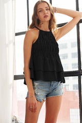 ADORA Halter Neck Smocked Layer Hem Tank Top OutfitFlow
