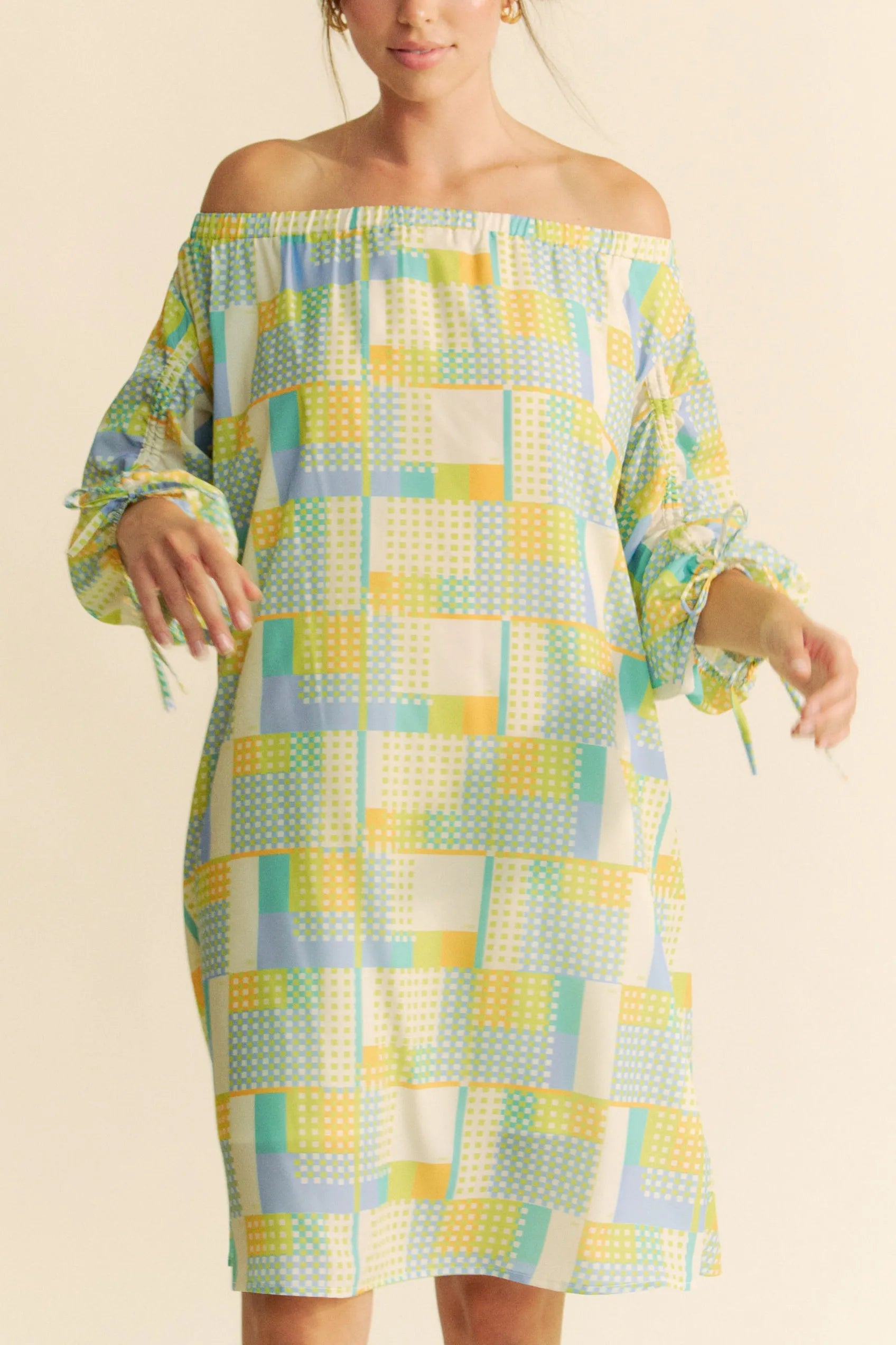 Davi & Dani Printed Off Shoulder Drawstring Sleeve Mini Dress OutfitFlow