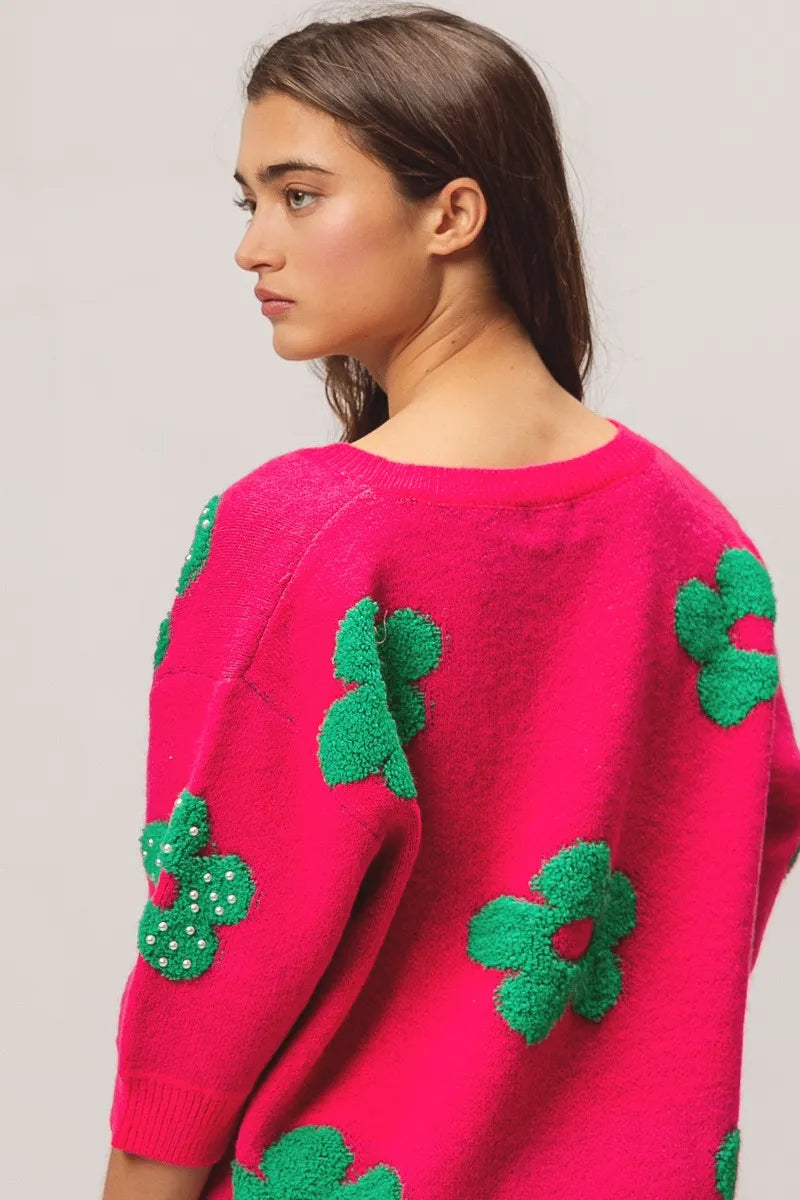 BiBi Pearl Beads Flowers Sweater Top OutfitFlow