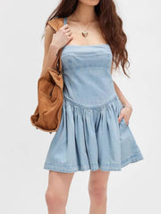 Smocked Crisscross Back Denim Mini Dress OutfitFlow