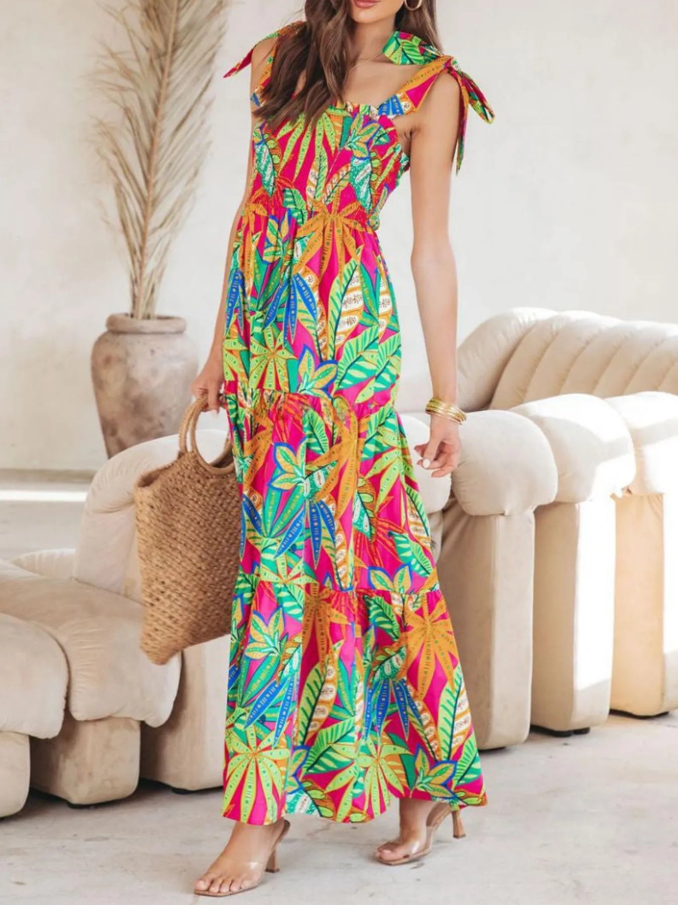 Tropical Print Tie Shoulder Maxi Dress Green OutfitFlow