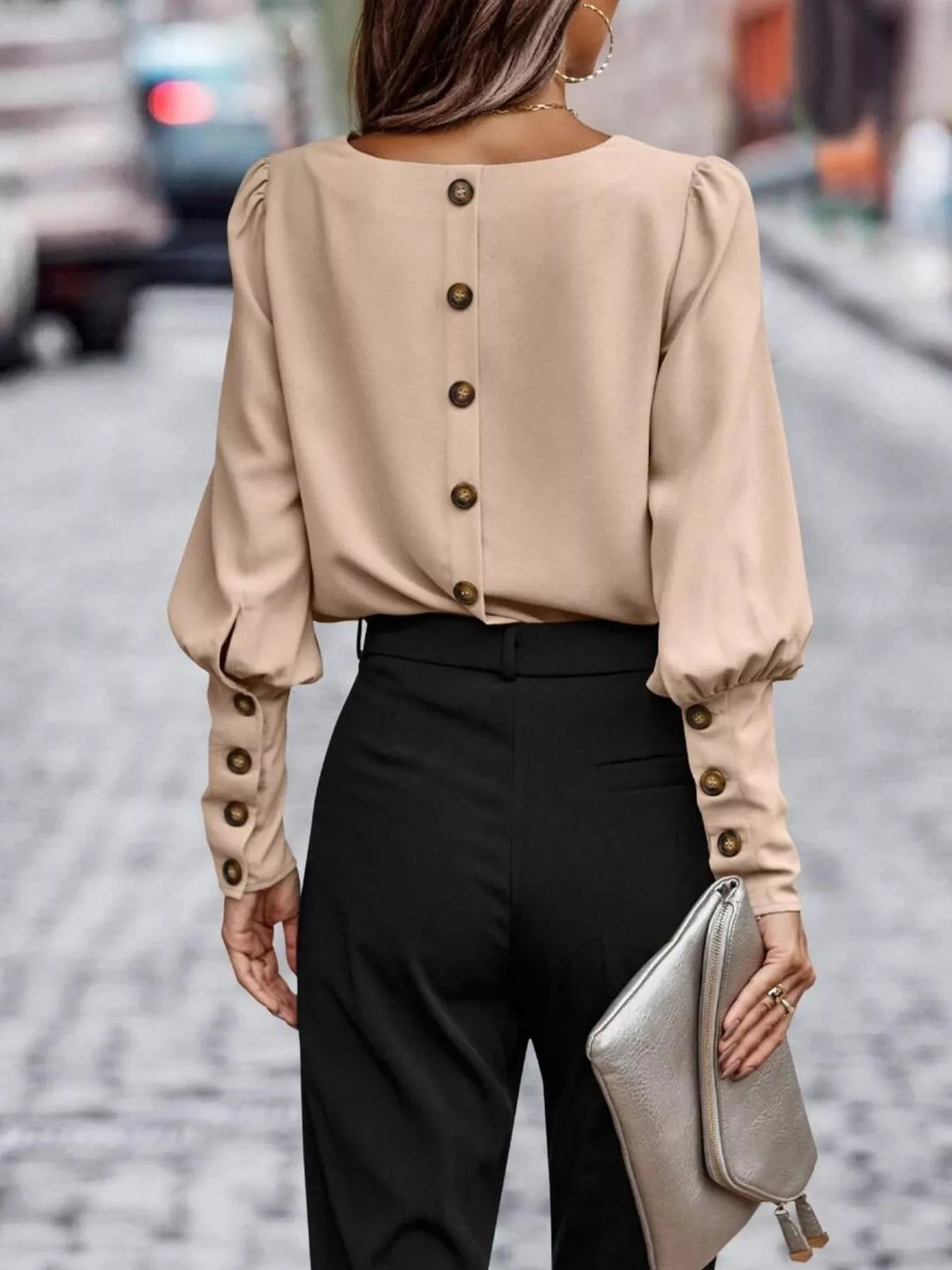 Back Button Lantern Sleeve Blouse Tan OutfitFlow