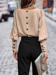Back Button Lantern Sleeve Blouse Tan OutfitFlow