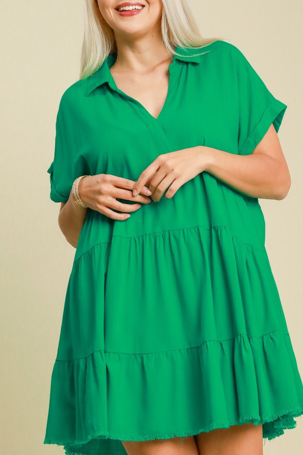 Umgee Full Size Raw Hem Folded Sleeve Tiered Dress Plus Size OutfitFlow