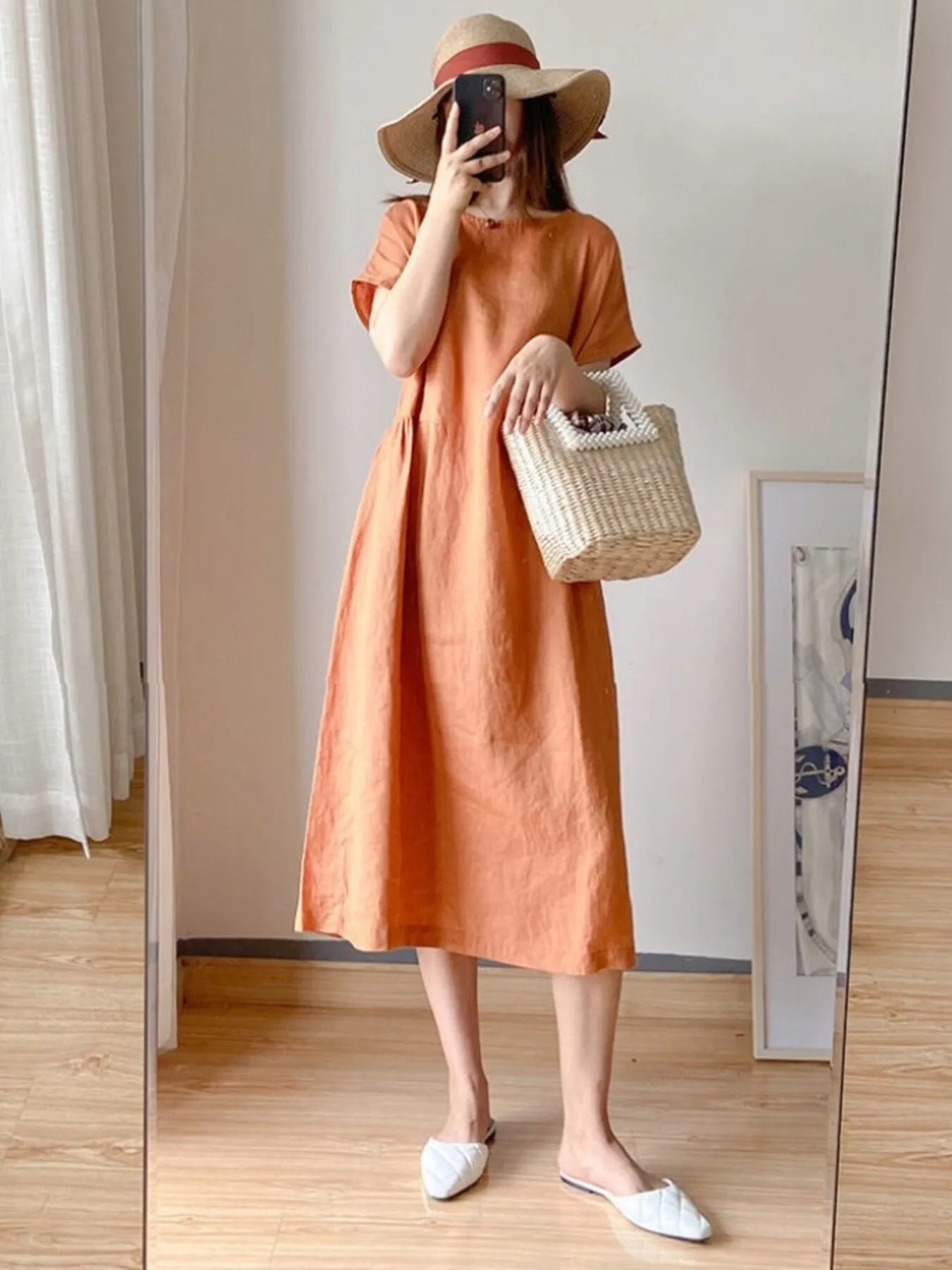 Full Size Casual Round Neck Midi Dress Plus Size OutfitFlow