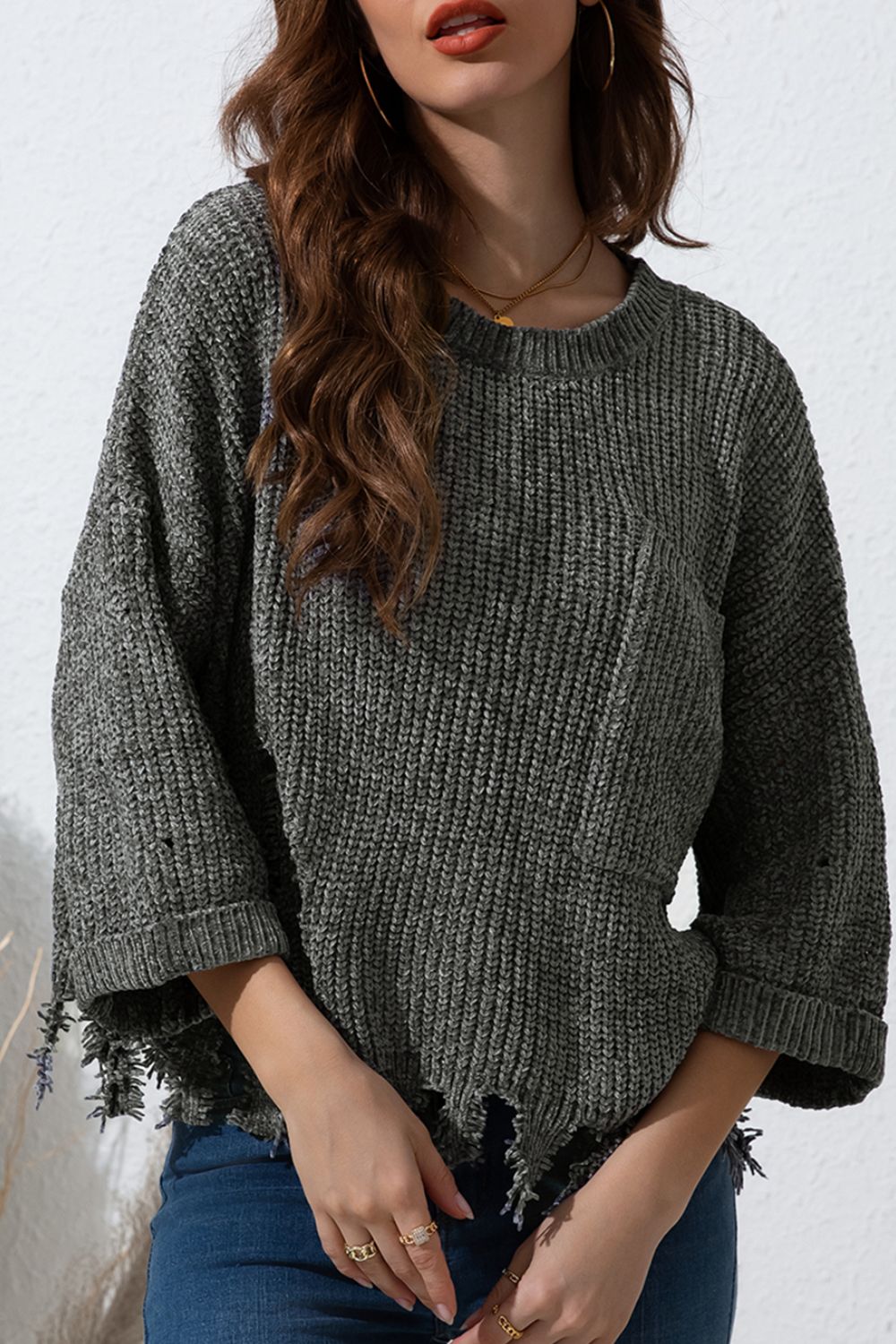 Outfit Flow - Distressed Round Neck Drop Shoulder Sweater