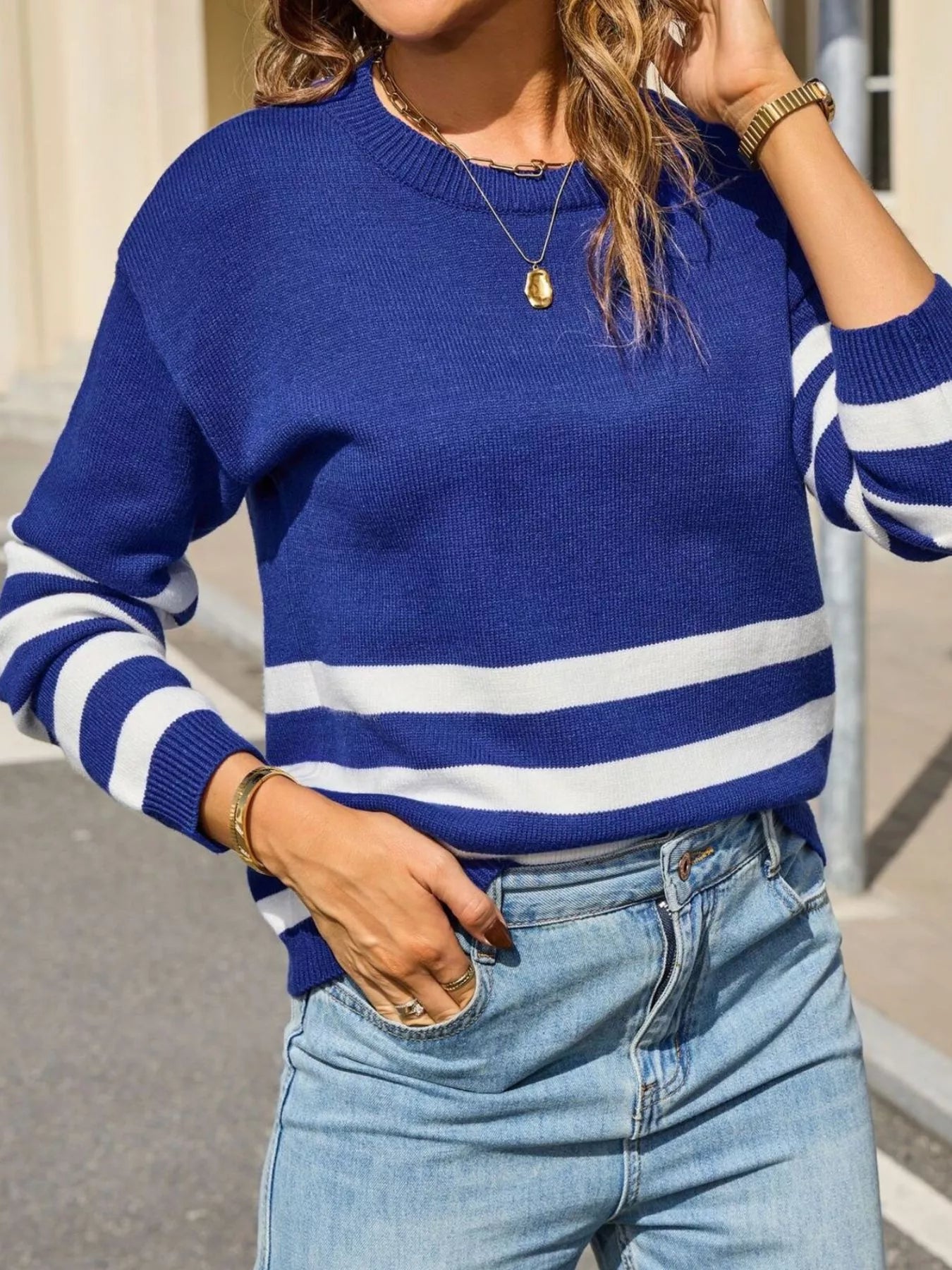 Striped Trim Crew Neck Sweater Baolan Trendsi