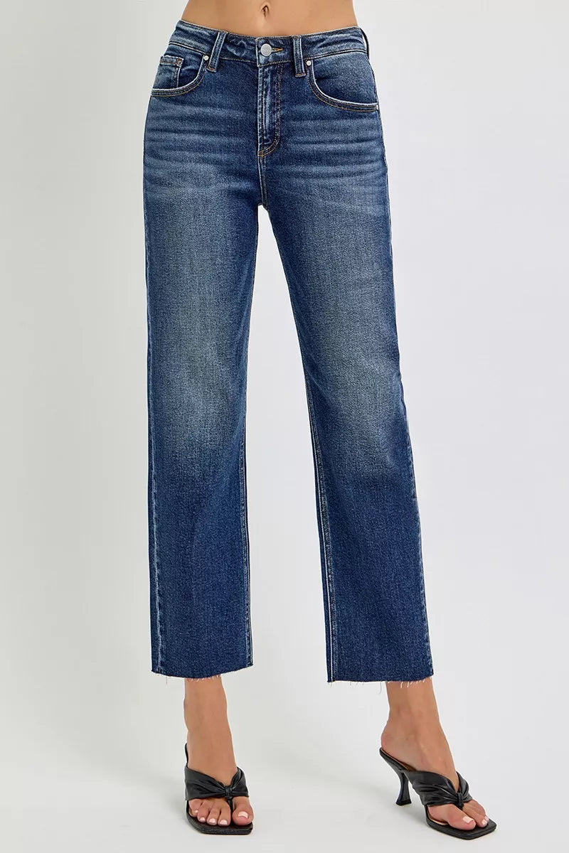 RISEN High Rise Slim Barrel Jeans DARK OutfitFlow