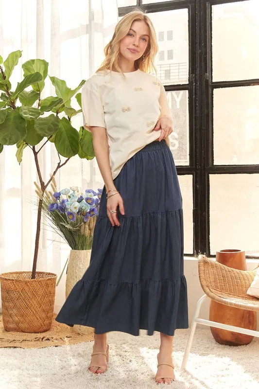 ADORA Waist Band Tiered Denim Maxi Skirt OutfitFlow