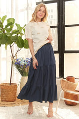 ADORA Waist Band Tiered Denim Maxi Skirt OutfitFlow