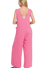 Zenana French Terry Deep V Neck Jumpsuits OutfitFlow