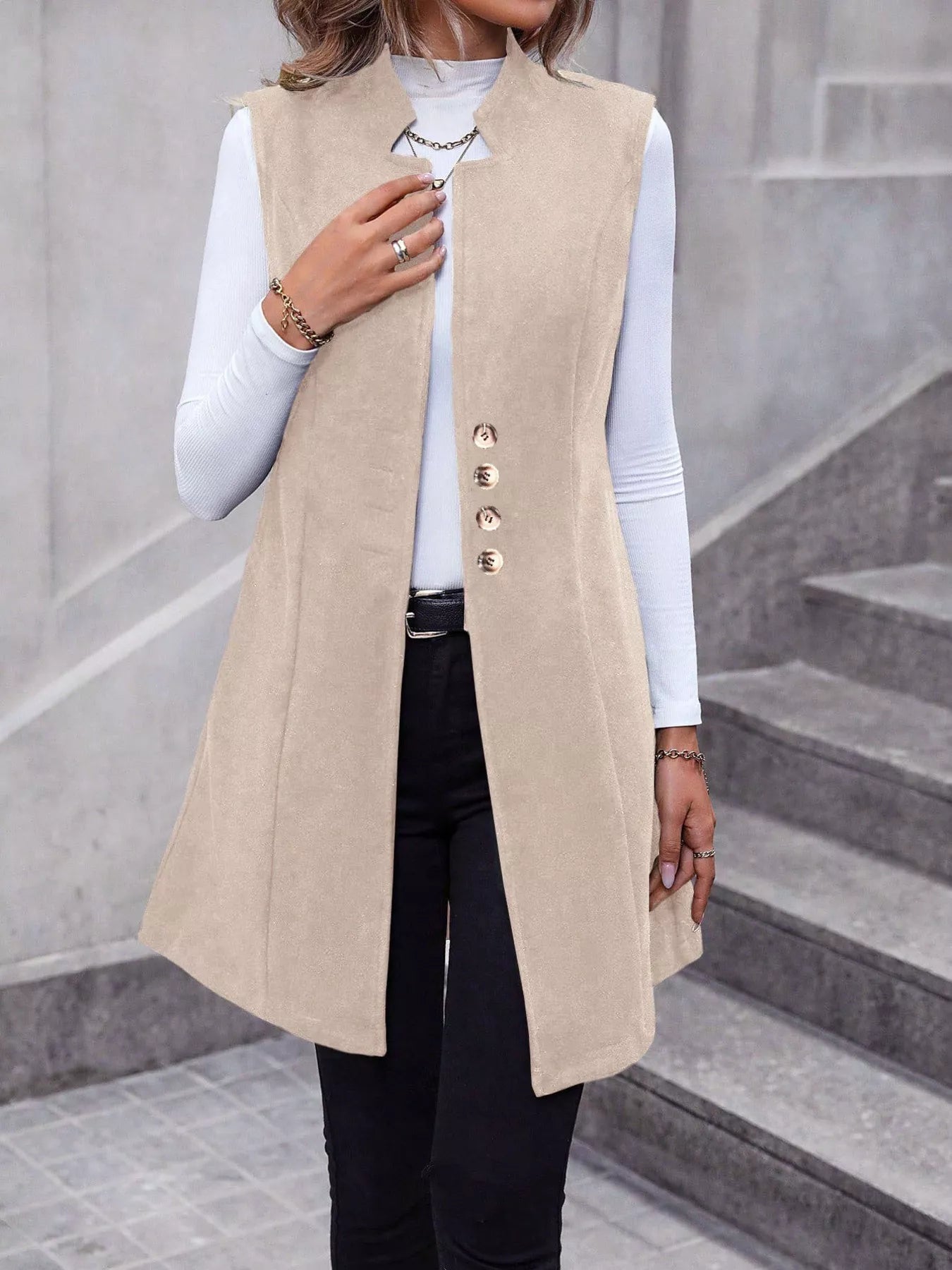 Button-Down Longline Vest Coat Apricot Trendsi