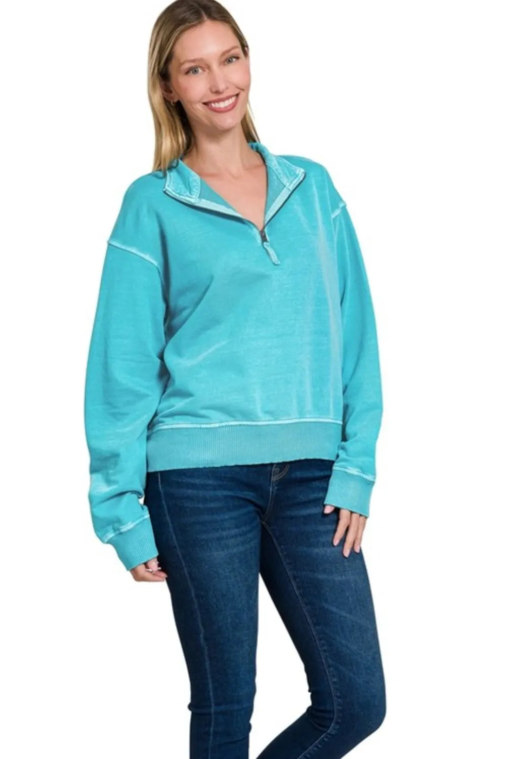 Zenana F/terry Pigment Dye & Enzyme Washing Half Zip Top OutfitFlow