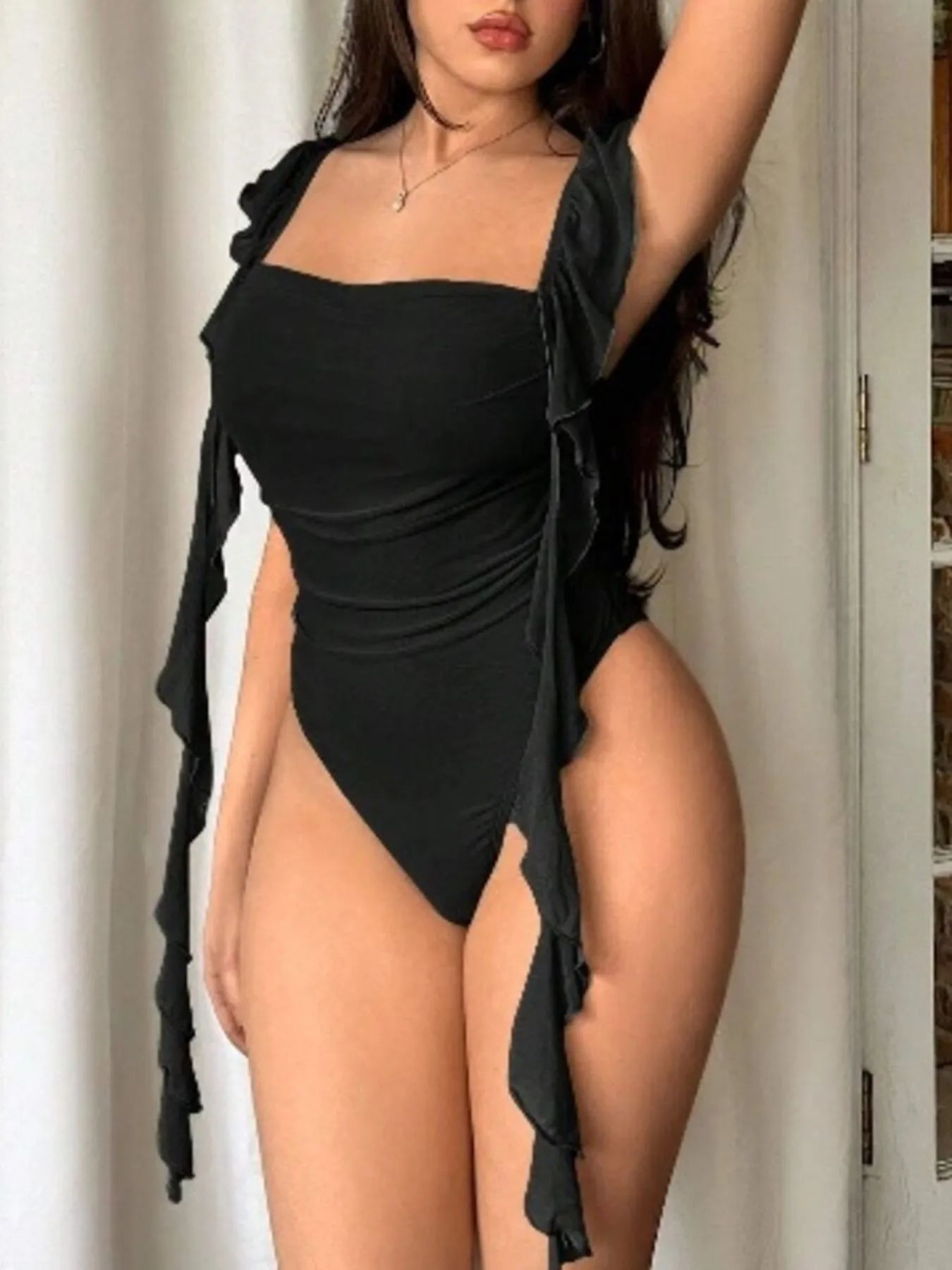 Ruffled Square Neck Bodysuit Black OutfitFlow