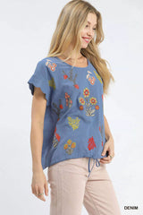 Umgee Embroidered Scallop Sleeve Top with Drawstring Hem OutfitFlow