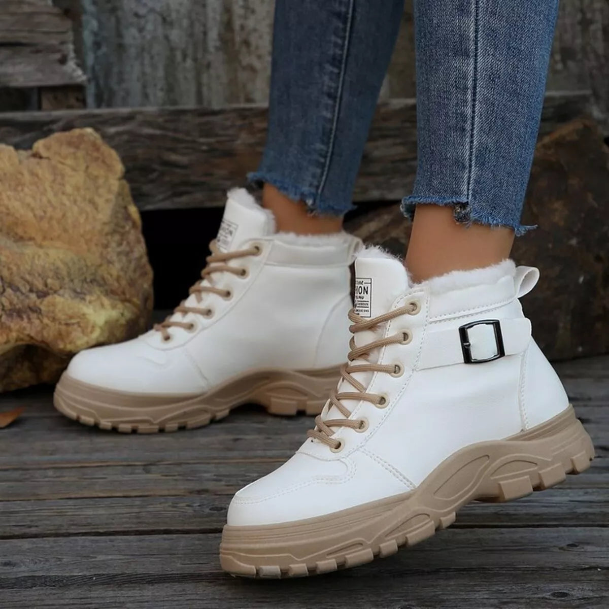 Warm Lined Ankle Boots with Buckle Detail White Trendsi