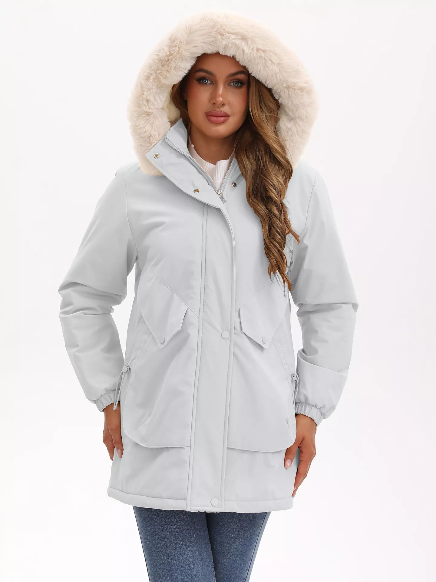 Full Size Fur Hooded Warm Winter Parka Outerwear Plus Size Gray OutfitFlow