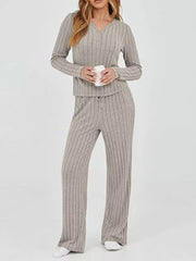 Ribbed Knit Long Sleeve Top and Pants Set OutfitFlow