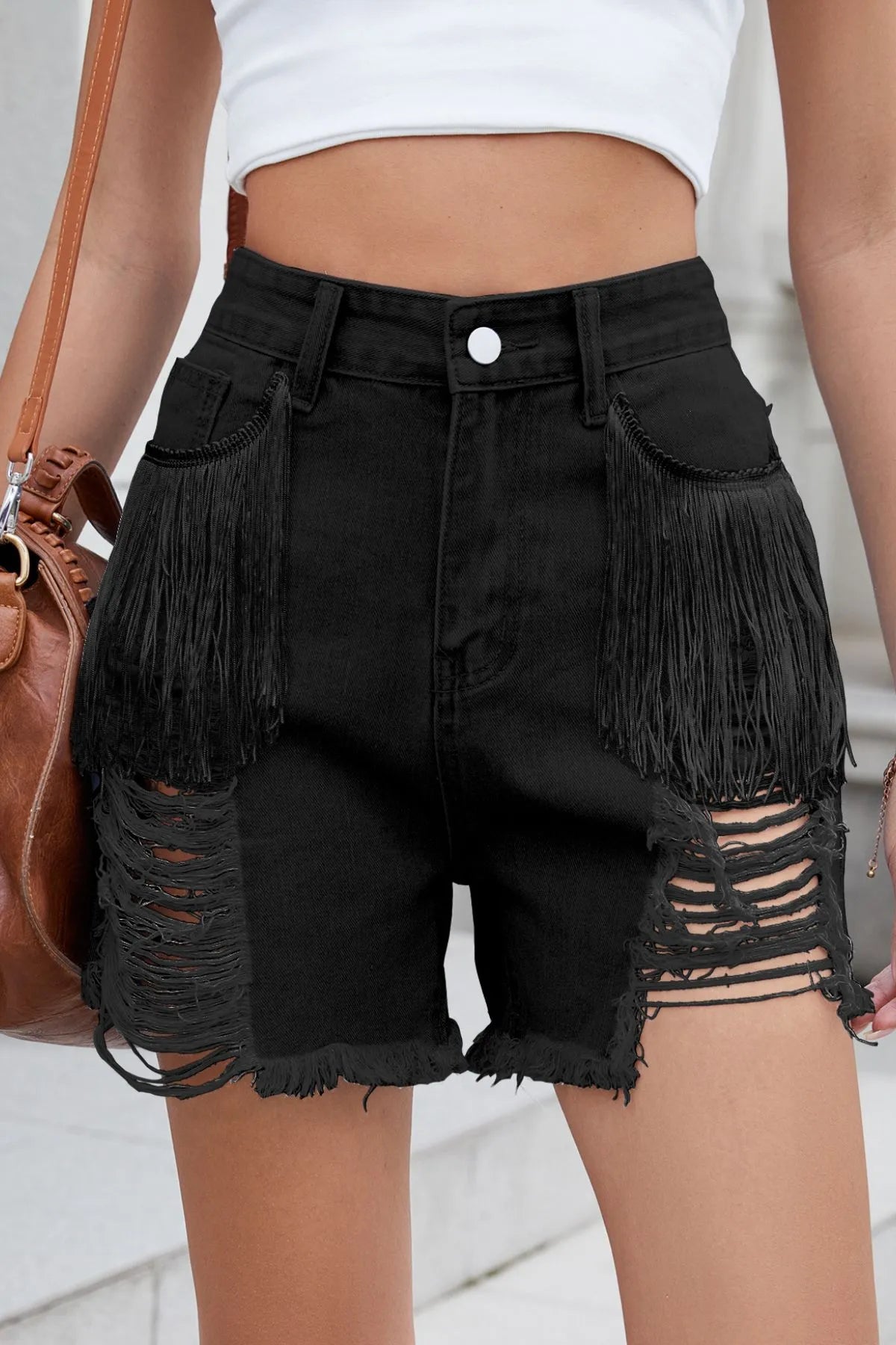 Distressed Fringe Denim Shorts Black & Black OutfitFlow