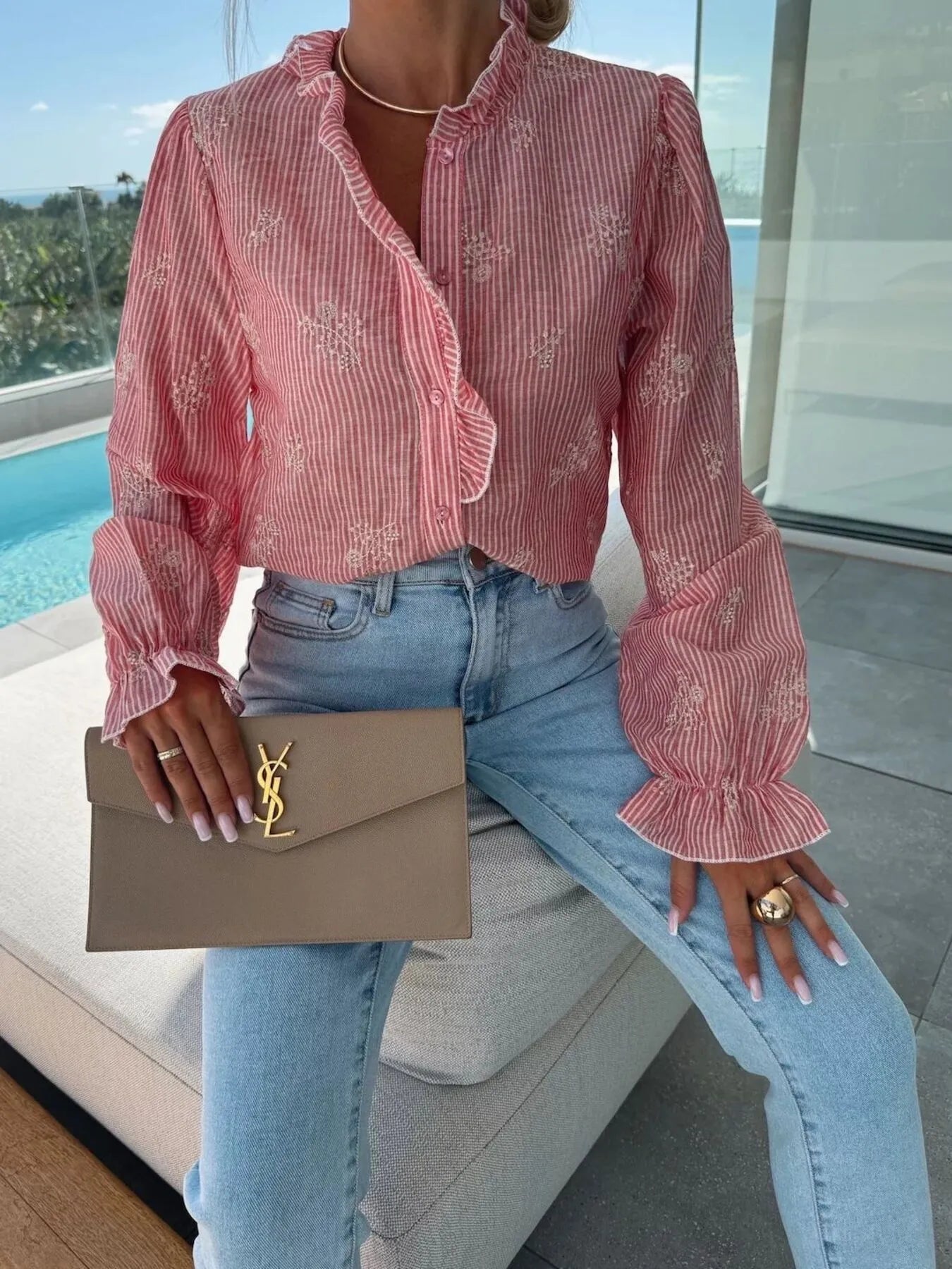 Button Up Flounce Sleeve Shirt OutfitFlow