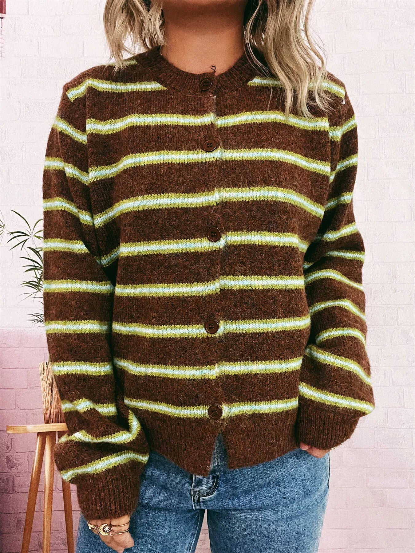 Striped Button-Up Long Sleeve Cardigan Brown One Size OutfitFlow