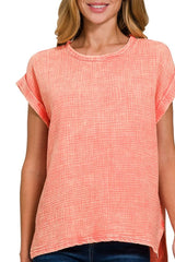 Zenana Woven Double Gauze Acid Washed Short Sleeve Top OutfitFlow