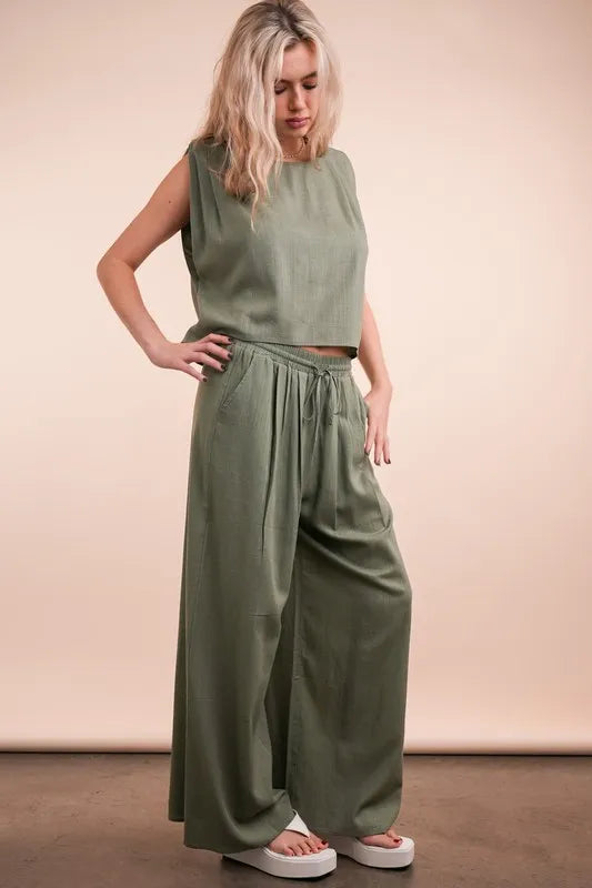 VERY J Solid Woven Top & Pants Set OutfitFlow