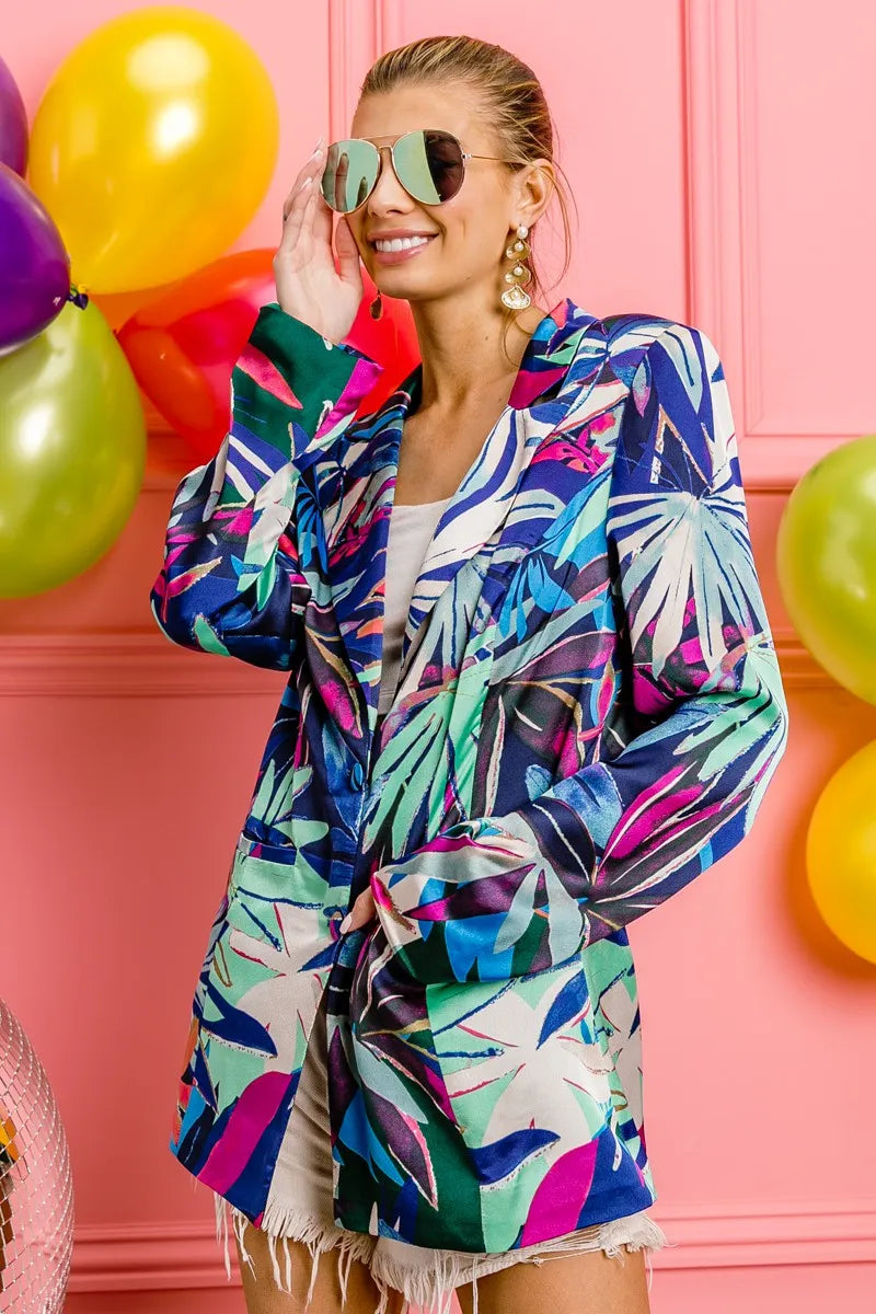 BiBi Thin Satin Tropical Single Blazer OutfitFlow