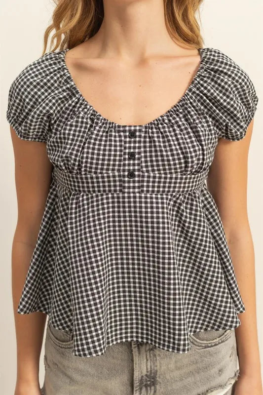 HYFVE Gingham Scoop Neck Cap Sleeve Blouse OutfitFlow
