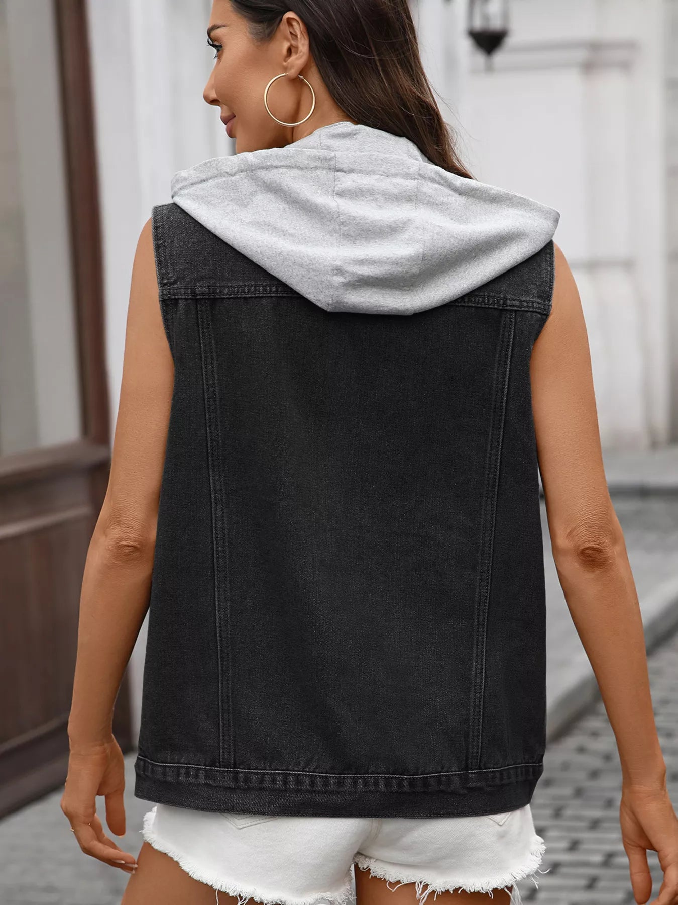 Button Up Removable Hooded Sleeveless Denim Jacket OutfitFlow