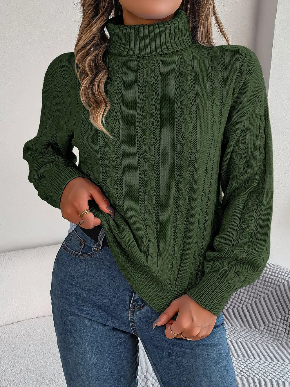 Cable-Knit Turtleneck Dropped Shoulder Sweater Dark Green Trendsi