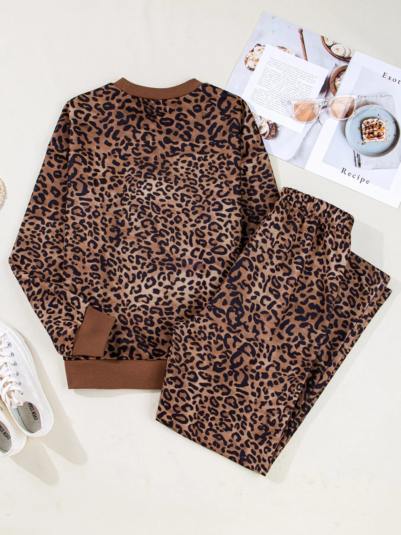 Leopard Print Contrast Trim Long Sleeve Top and Pants Set OutfitFlow