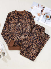 Leopard Print Contrast Trim Long Sleeve Top and Pants Set OutfitFlow