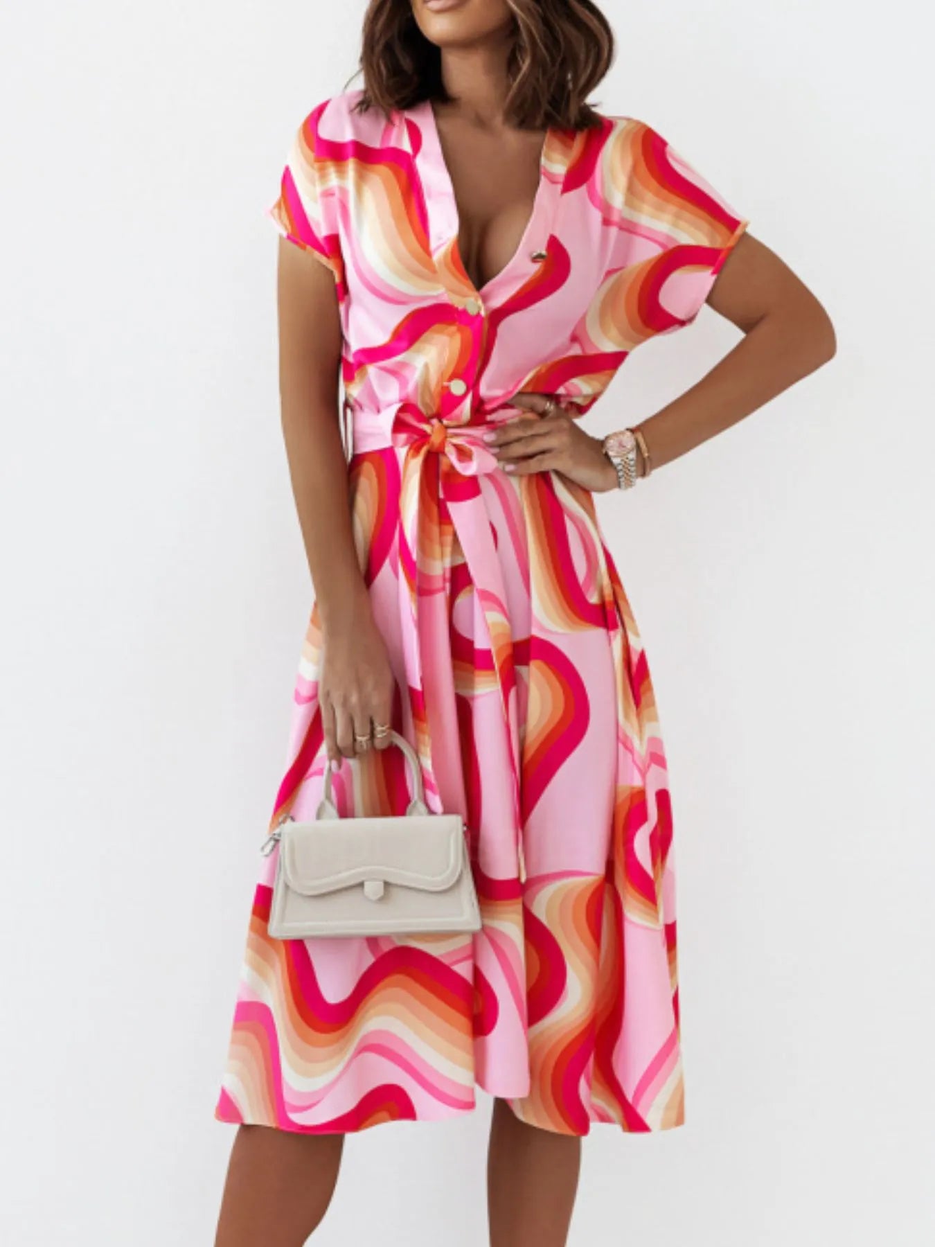 Printed Button Front Midi Dress with Belt OutfitFlow