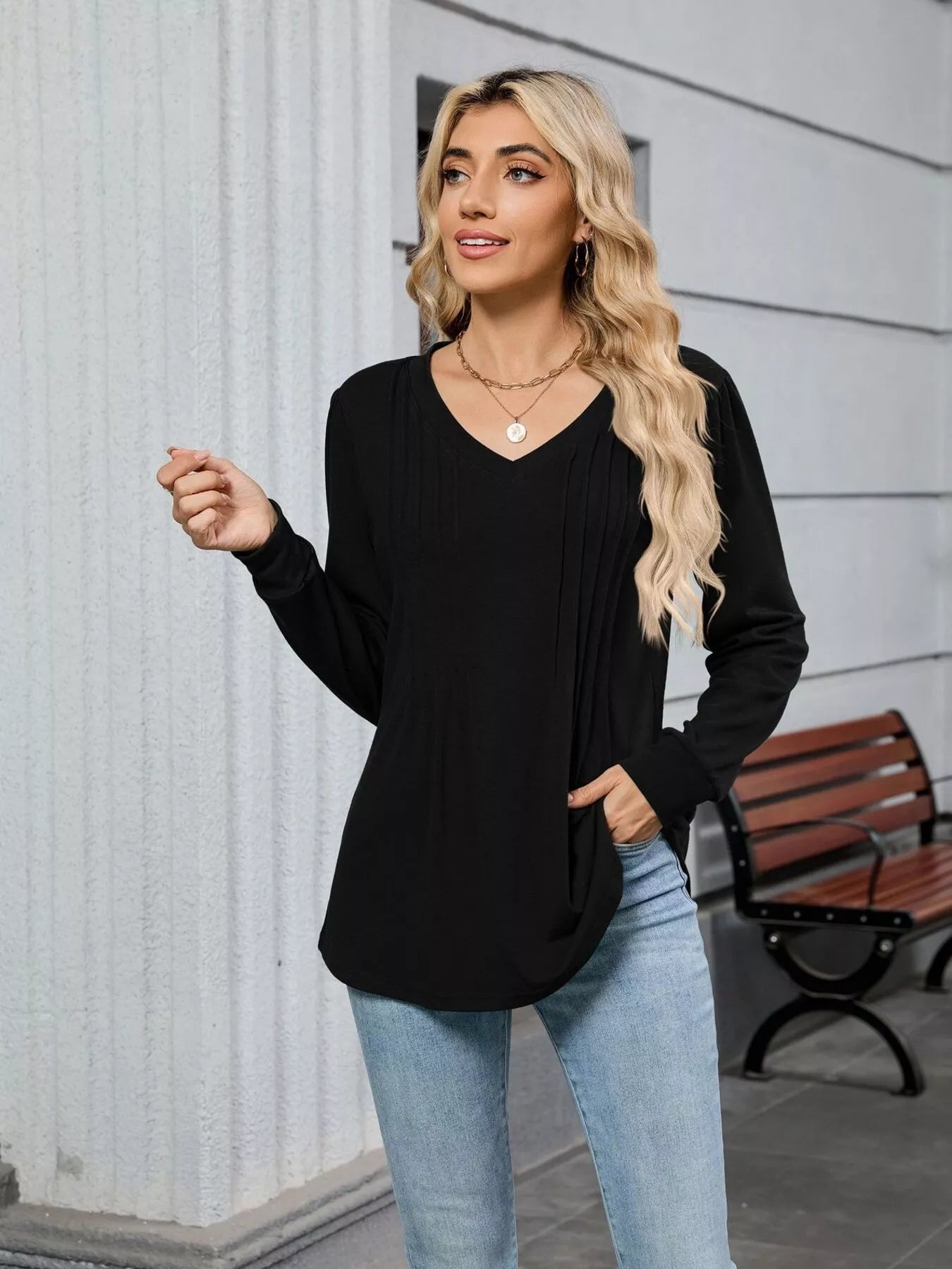 V-Neck Long Sleeve Relaxed Fit T-Shirt OutfitFlow