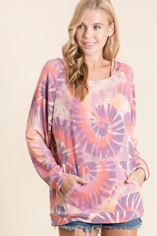 BiBi Circular Tie Dye Print Terry Hoodie with Kangaroo TIE DYE OutfitFlow