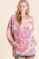 BiBi Circular Tie Dye Print Terry Hoodie with Kangaroo TIE DYE OutfitFlow