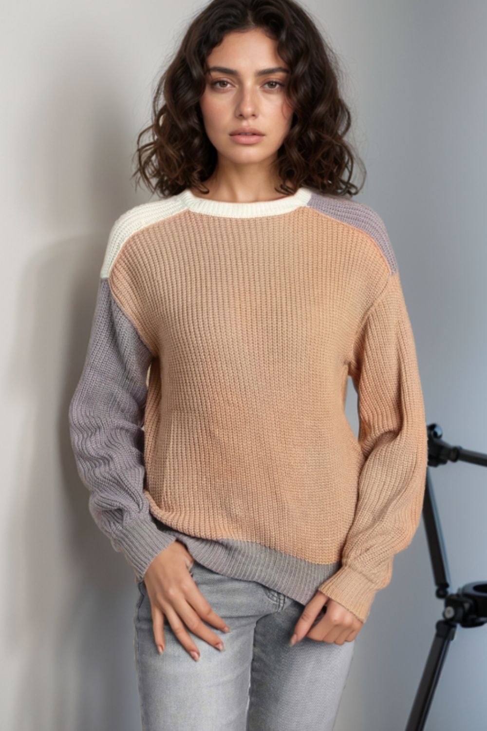 Outfit Flow - Color Block Round Neck Drop Shoulder Sweater