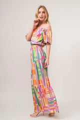 And The Why Puff Sleeve Elastic Edges Geo Printed Crop Top OutfitFlow