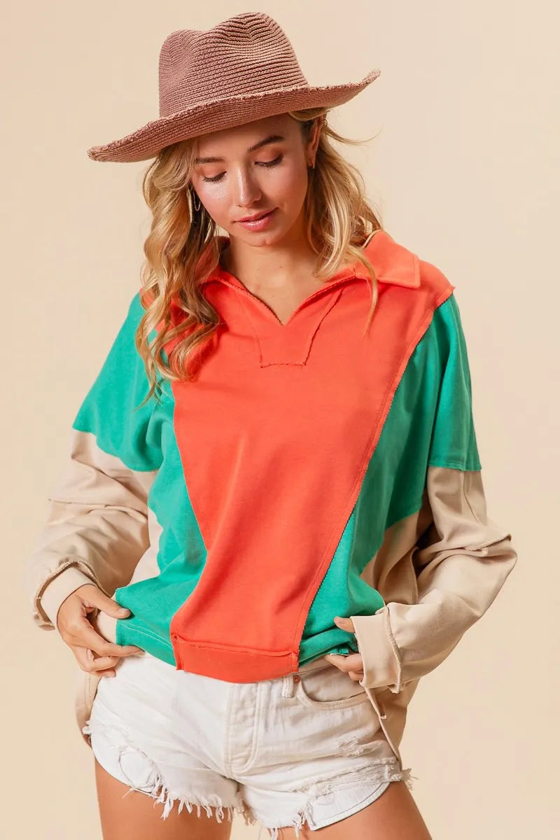 BiBi Colorblock Exposed Seam French Terry Sweatshirt OutfitFlow