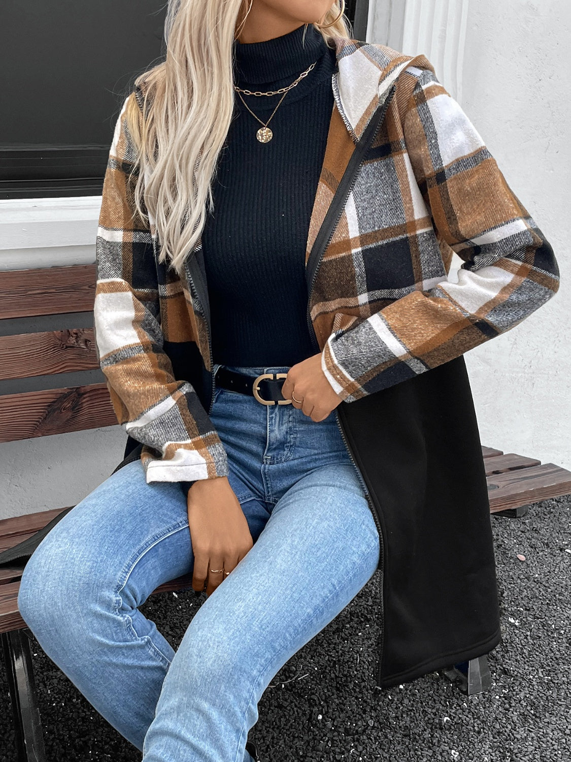 Outfit Flow - Plaid Zip Up Long Sleeve Hooded Outerwear