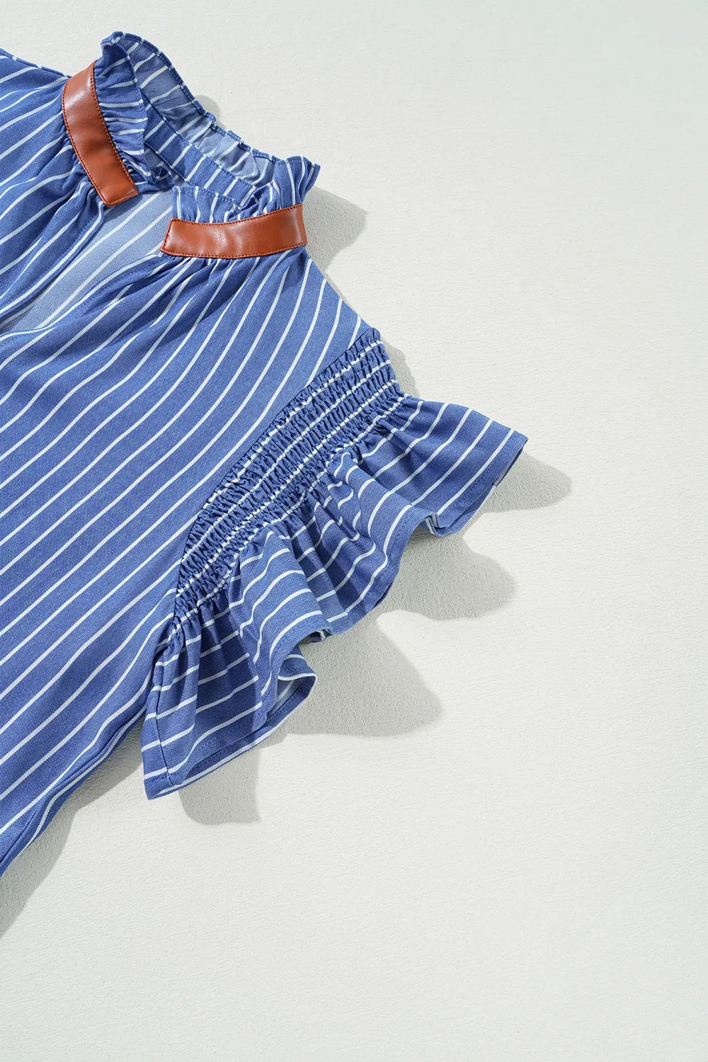 Stripe Frilly Split Neck Shirred Ruffle Sleeve Short Shift Dress OutfitFlow