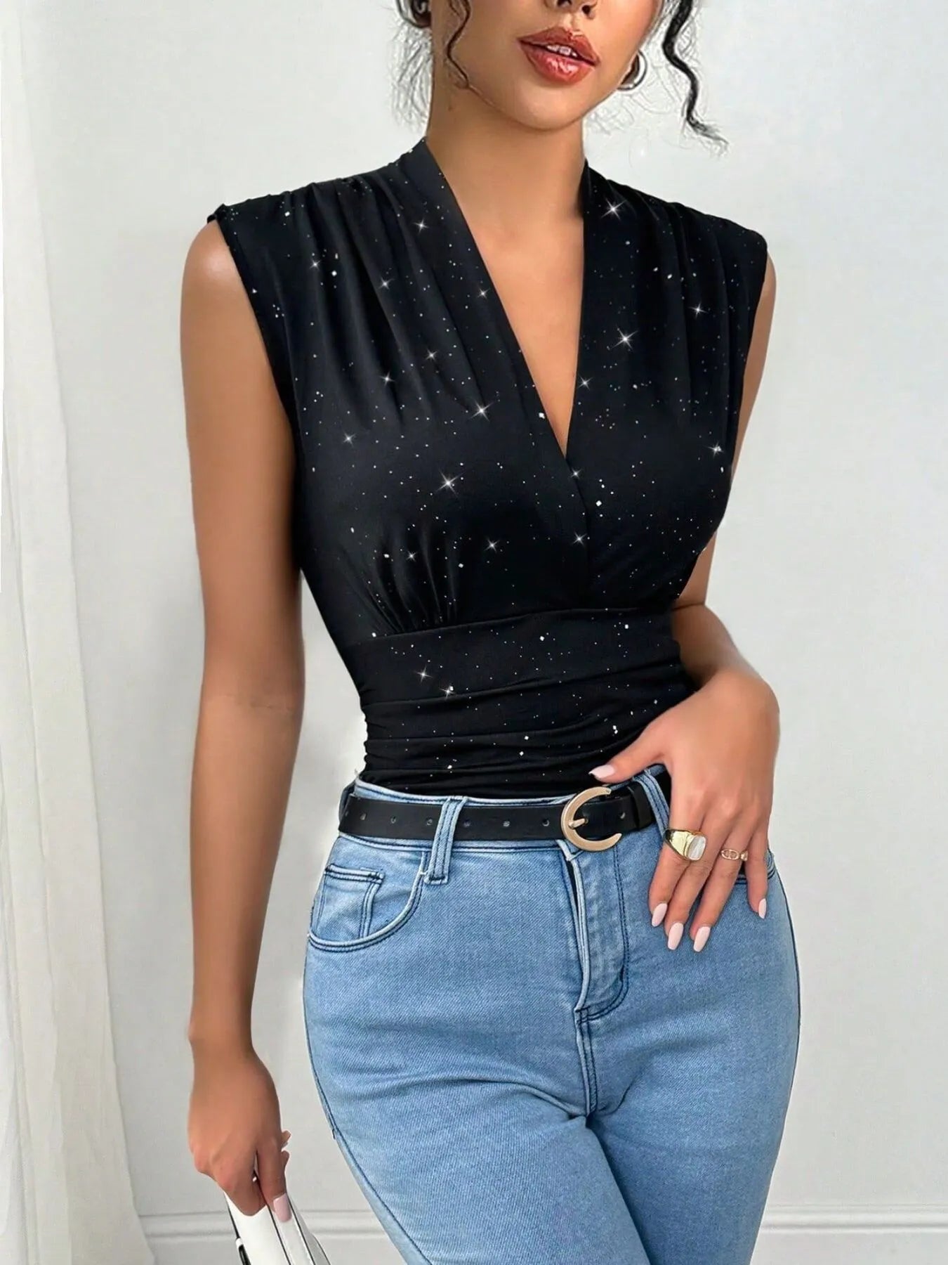 Surplice Sleeveless Slim Blouse OutfitFlow